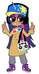 Size: 494x928 | Tagged: safe, artist:nekozneko, character:twilight sparkle, species:human, 3d glasses, baseball cap, boombox, clothing, fashion, female, glasses, hat, headphones, humanized, simple background, sneakers, solo, transparent background, trenchcoat