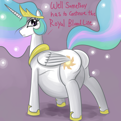 Size: 1600x1600 | Tagged: dead source, safe, artist:metalforever, character:princess celestia, annoyed, butt, female, frown, looking back, plot, preglestia, pregnant, solo, sunbutt