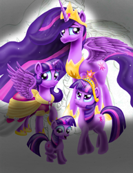 Size: 2550x3300 | Tagged: safe, artist:jac59col, character:twilight sparkle, character:twilight sparkle (alicorn), character:twilight sparkle (unicorn), species:alicorn, species:pony, species:unicorn, episode:the last problem, g4, my little pony: friendship is magic, age progression, big crown thingy, big crown thingy 2.0, clothing, coronation dress, dress, element of magic, female, filly, filly twilight sparkle, jewelry, mare, multeity, older, older twilight, ponidox, princess twilight 2.0, regalia, self ponidox, sparkle sparkle sparkle, time paradox, wip, younger