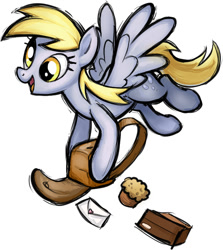 Size: 664x745 | Tagged: safe, artist:sunbusting, character:derpy hooves, species:pegasus, species:pony, fighting is magic, cute, derpabetes, female, food, hoof hold, letter, mare, muffin, open mouth, package, satchel, simple background, solo, style emulation, white background
