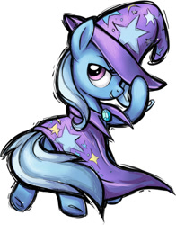 Size: 617x789 | Tagged: safe, artist:sunbusting, character:trixie, species:pony, species:unicorn, fighting is magic, cute, diatrixes, female, hat tip, looking at you, looking back, looking back at you, mare, profile, simple background, smiling, solo, style emulation, white background