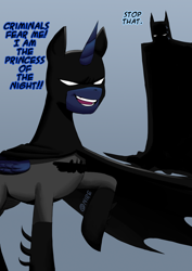 Size: 1240x1748 | Tagged: safe, artist:nire, character:princess luna, species:alicorn, species:human, species:pony, batman, batmare, bodysuit, cape, clothing, duo, female, frown, mare, mask, smiling, white eyes