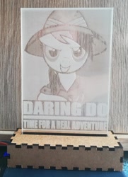 Size: 1024x1412 | Tagged: safe, artist:themisto97, character:daring do, species:pegasus, species:pony, acrylic plastic, acrylight, clothing, craft, engraving, female, grin, hat, hope poster, lasercut, led, mare, nightlight, photo, smiling, solo, text