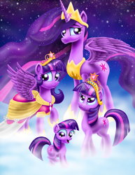 Size: 2550x3300 | Tagged: safe, artist:jac59col, character:twilight sparkle, character:twilight sparkle (alicorn), character:twilight sparkle (unicorn), species:alicorn, species:pony, species:unicorn, episode:the last problem, g4, my little pony: friendship is magic, age progression, big crown thingy, big crown thingy 2.0, clothing, coronation dress, crown, dress, element of magic, female, filly, filly twilight sparkle, high res, hoof shoes, jewelry, mare, mist, multeity, peytral, ponidox, princess twilight 2.0, regalia, self ponidox, sky, smiling, sparkle sparkle sparkle, spread wings, stars, time paradox, wings, younger