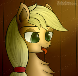 Size: 2196x2160 | Tagged: safe, alternate version, artist:darbedarmoc, character:applejack, species:earth pony, species:pony, barn, bust, chest fluff, cute, eyes on the prize, eyeshadow, female, jackabetes, makeup, mare, solo, sun, tongue out