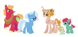 Size: 1280x606 | Tagged: safe, artist:echabi, base used, character:big mcintosh, character:trixie, oc, oc:autumn crisp, oc:cobbler sparks, oc:skipper pie, parent:big macintosh, parent:trixie, parents:trixmac, species:earth pony, species:pony, species:unicorn, baby, baby pony, colt, ear piercing, earring, family, female, horn, horn ring, jewelry, male, mare, offspring, piercing, shipping, simple background, straight, transparent background, trixmac