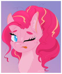 Size: 1764x2098 | Tagged: safe, artist:nyota71, character:pinkie pie, species:earth pony, species:pony, alternate hairstyle, body markings, bust, cheek fluff, chest fluff, colored pupils, ear fluff, female, fluffy, mare, messy mane, one eye closed, portrait, redesign, simple background, solo, tongue out, wink, winking at you