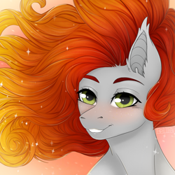 Size: 3096x3096 | Tagged: safe, artist:bellfa, oc, oc only, oc:bellfa, species:bat pony, species:pony, bat pony oc, bat wings, blushing, female, gradient hair, green eyes, pony oc, red hair, simple background, smiley face, wings