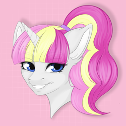 Size: 4050x4050 | Tagged: safe, artist:bellfa, oc, oc only, oc:only me, species:pony, species:unicorn, blue eyes, female, horn, original art, pink background, pink hair, simple background, smiley face, sticker, three color hair, white pony