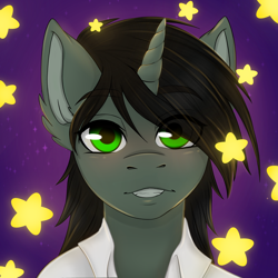 Size: 4050x4050 | Tagged: safe, artist:bellfa, part of a set, oc, oc only, oc:braunly, species:pony, species:unicorn, bathrobe, black hair, blushing, bust, clothing, commission, green eyes, horn, male, original art, robe, simple background, solo, stallion, stars, ych result