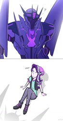 Size: 541x1031 | Tagged: safe, artist:elioo, character:starlight glimmer, species:human, my little pony:equestria girls, beanie, clothing, comic, crossover, dialogue, hat, soundwave, transformers, transformers prime