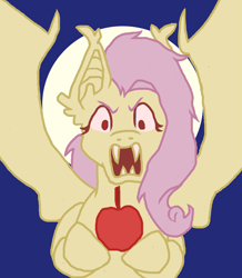 Size: 2859x3285 | Tagged: safe, artist:theedgyduck, character:flutterbat, character:fluttershy, species:bat pony, species:pegasus, species:pony, apple, bat ponified, cute, fangs, female, food, hoof hold, mare, no shading, race swap, red eyes, shyabates, shyabetes, simple background, solo, wings