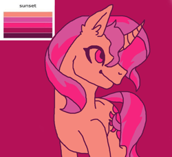 Size: 3140x2882 | Tagged: safe, artist:theedgyduck, character:sunset shimmer, species:pony, species:unicorn, color palette, color palette challenge, curved horn, ear fluff, female, horn, limited color, limited palette, mare, solo
