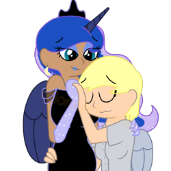 Size: 1536x1536 | Tagged: safe, artist:colorcodetheartist, character:derpy hooves, character:princess luna, species:human, ship:lunaderp, alicorn humanization, cuddling, female, horn, horned humanization, humanized, lesbian, shipping, simple background, transparent background, winged humanization, wings