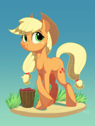 Size: 1500x2000 | Tagged: safe, artist:silverhopexiii, character:applejack, species:earth pony, species:pony, apple, blue background, bucket, female, food, mare, simple background, solo