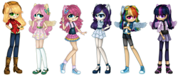 Size: 1280x545 | Tagged: safe, artist:fantarianna, character:applejack, character:fluttershy, character:pinkie pie, character:rainbow dash, character:rarity, character:twilight sparkle, species:human, applejack's hat, clothing, converse, cowboy hat, denim, dress, eared humanization, goggles, hair ornament, hat, humanized, kneesocks, looking at you, mary janes, peace sign, shoes, shorts, simple background, skirt, socks, standing, transparent background, winged humanization, wings