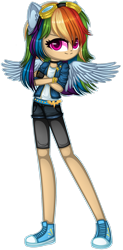 Size: 1280x2593 | Tagged: safe, artist:fantarianna, character:rainbow dash, species:human, choker, clothing, converse, crossed arms, eared humanization, female, goggles, humanized, looking at you, shoes, shorts, shorts over shorts, simple background, sneakers, solo, transparent background, winged humanization, wings