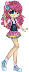 Size: 1280x3154 | Tagged: safe, artist:fantarianna, character:pinkie pie, species:human, bracelet, clothing, converse, female, hair ornament, hair ribbon, humanized, jewelry, looking at you, one eye closed, peace sign, shoes, simple background, skirt, smiling, smiling at you, sneakers, socks, solo, transparent background, wink