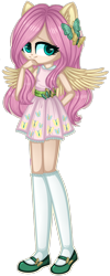 Size: 1280x3189 | Tagged: safe, artist:fantarianna, character:fluttershy, species:human, clothing, dress, eared humanization, female, hair ornament, humanized, kneesocks, looking at you, mary janes, pink dress, plaid skirt, shoes, simple background, socks, solo, standing, transparent background, winged humanization, wings