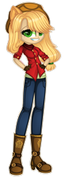 Size: 1280x3520 | Tagged: safe, artist:fantarianna, character:applejack, species:human, applejack's hat, boots, clothing, cowboy boots, cowboy hat, denim, eared humanization, female, gloves, hand on hip, hat, humanized, jeans, leather gloves, looking at you, pants, shoes, simple background, solo, standing, transparent background