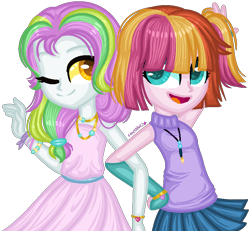 Size: 864x798 | Tagged: safe, artist:fantarianna, character:coconut cream, character:toola roola, my little pony:equestria girls, arm warmers, clothing, dress, equestria girls-ified, female, hand on hip, looking at you, one eye closed, simple background, skirt, sleeveless turtleneck, transparent background, wink