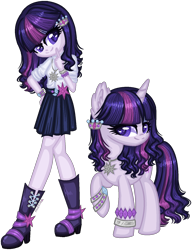 Size: 1208x1575 | Tagged: safe, artist:fantarianna, character:rarity, character:twilight sparkle, character:twilight sparkle (eqg), oc, oc:violette, species:eqg human, species:pony, species:unicorn, ship:rarilight, my little pony:equestria girls, boots, bracelet, clothing, female, fusion, hair ornament, hand on hip, human and pony, jewelry, lesbian, looking at you, necklace, ponidox, self ponidox, shipping, shoes, simple background, skirt, transparent background, wavy hair
