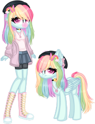 Size: 1280x1664 | Tagged: safe, artist:fantarianna, character:fluttershy, character:rainbow dash, species:pegasus, species:pony, ship:flutterdash, my little pony:equestria girls, blowing bubblegum, boots, bubblegum, choker, clothing, converse, female, food, fusion, gum, hat, human and pony, jewelry, lesbian, ponidox, self ponidox, shipping, shoes, simple background, skirt, transparent background