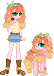 Size: 1280x1773 | Tagged: safe, artist:fantarianna, character:applejack, character:pinkie pie, oc, oc:apple pie, species:earth pony, species:pony, my little pony:equestria girls, boots, candied apple, candy, clothing, curly hair, denim skirt, female, food, fusion, headband, human and pony, jewelry, looking at you, necklace, one eye closed, pigtails, ponidox, self ponidox, shoes, simple background, skirt, transparent background, twintails, two toned hair, two toned mane, wink