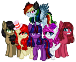 Size: 1280x1040 | Tagged: safe, artist:fantarianna, character:applejack, character:fluttershy, character:pinkamena diane pie, character:pinkie pie, character:rainbow dash, character:rarity, character:twilight sparkle, character:twilight sparkle (alicorn), species:alicorn, species:earth pony, species:pegasus, species:pony, species:unicorn, alternate mane six, alternate universe, applepills, brutalight sparcake, clothing, elements of insanity, fluttershout, hat, pinkis cupcake, pony monster, purple hat, rainbine, rainbine ears, rarifruit, simple background, transparent background