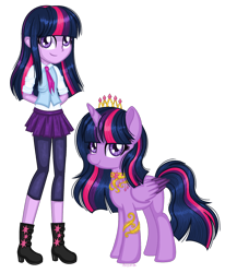 Size: 1280x1551 | Tagged: safe, artist:fantarianna, character:twilight sparkle, character:twilight sparkle (alicorn), character:twilight sparkle (eqg), species:alicorn, species:eqg human, species:pony, my little pony:equestria girls, boots, clothing, crown, hands behind back, high heel boots, high heels, human and pony, human ponidox, jewelry, looking at you, necklace, necktie, ponidox, regalia, self ponidox, shoes, simple background, transparent background, twolight