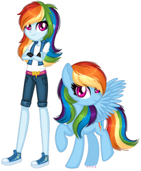 Size: 1280x1551 | Tagged: safe, artist:fantarianna, character:rainbow dash, species:pegasus, species:pony, my little pony:equestria girls, belt, clothing, converse, crossed arms, female, fingerless gloves, gloves, human and pony, human ponidox, looking at you, mare, pants, ponidox, self ponidox, shoes, simple background, sneakers, transparent background