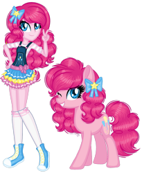 Size: 1280x1558 | Tagged: safe, artist:fantarianna, character:pinkie pie, species:earth pony, species:pony, my little pony:equestria girls, bow, clothing, converse, female, hair bow, human and pony, human ponidox, looking at you, mare, one eye closed, peace sign, ponidox, self ponidox, shoes, simple background, skirt, socks, transparent background, wink, winking at you