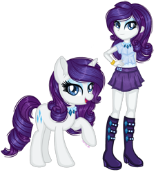Size: 1280x1419 | Tagged: safe, artist:fantarianna, character:rarity, species:pony, species:unicorn, my little pony:equestria girls, boots, bracelet, clothing, female, hand on hip, high heel boots, high heels, human and pony, human ponidox, jewelry, looking at you, mare, necklace, ponidox, self ponidox, shoes, simple background, skirt, transparent background