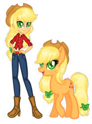 Size: 1280x1725 | Tagged: safe, artist:fantarianna, character:applejack, species:earth pony, species:pony, my little pony:equestria girls, belt, boots, clothing, cowboy boots, cowboy hat, hands on hip, hat, high heel boots, high heels, human and pony, human ponidox, looking at you, pants, ponidox, self ponidox, shoes, simple background, transparent background