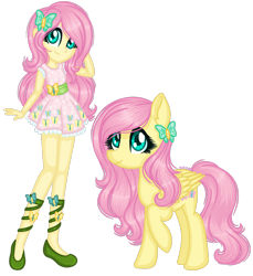 Size: 1280x1400 | Tagged: safe, artist:fantarianna, character:fluttershy, species:pegasus, species:pony, my little pony:equestria girls, clothing, dress, hairpin, hand on head, human and pony, human ponidox, looking at you, ponidox, self ponidox, shoes, simple background, transparent background