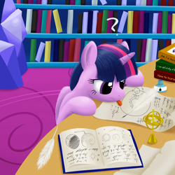 Size: 2000x2000 | Tagged: safe, artist:stellardust, derpibooru original, character:twilight sparkle, character:twilight sparkle (alicorn), species:alicorn, species:pony, blep, book, bookhorse, bookshelf, celestial mechanics, confused, cute, egghead, female, geocentric theory, gyroscope, heliocentric theory, inkwell, library, mare, nerd, purple smart, question mark, quill, solo, table, that pony sure does love books, tongue out, twiabetes, twilight's castle, twilight's castle library