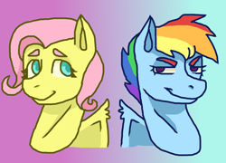Size: 1600x1154 | Tagged: safe, artist:theedgyduck, character:fluttershy, character:rainbow dash, species:pony, alternate hairstyle, bust, duo, female, mare, short hair, simple background