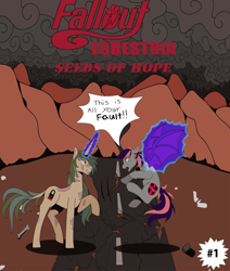 Size: 2200x2592 | Tagged: safe, artist:shirofluff, oc, oc:galaxy rose, oc:scorcher, species:bat pony, species:pegasus, species:pony, species:unicorn, comic:seeds of hope, fallout equestria, angry, badlands, canterlot ghoul, cloud cover, comic, cover art, fallout, fallout equestria seeds of hope, fan comic, fanfic, female, ghoul, issue 1, magic, male, mare, my little pony, nuclear, post-apocalyptic, radlands, small, smol, stallion, telekinesis, undead