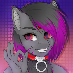 Size: 4050x4050 | Tagged: safe, artist:bellfa, part of a set, oc, oc only, oc:lucid rose, species:anthro, species:bat pony, species:pony, species:wolf, bat pony oc, bat wings, collar, commission, decoration, fangs, female, fluffy, hybrid, hybrid pony, original art, piercing, ruby, smiling, smirk, solo, two toned eyes, two toned hair, wings, wool, ych result