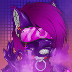 Size: 4050x4050 | Tagged: safe, alternate version, artist:bellfa, part of a set, oc, oc only, oc:lucid rose, species:anthro, species:bat pony, species:pony, species:wolf, bat pony oc, bat wings, collar, commission, decoration, fangs, female, filter, fluffy, gas mask, hybrid, hybrid pony, hypnogear, latex, latex suit, mask, original art, original style, piercing, ruby, smiling, smirk, smoke, solo, two toned eyes, visor, wings, wool, ych result