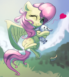 Size: 2818x3150 | Tagged: safe, artist:nookprint, character:angel bunny, character:fluttershy, species:pegasus, species:pony, species:rabbit, animal, cute, eyes closed, female, floating heart, happy, heart, high res, hug, mare, shyabetes, sky, smiling, struggling