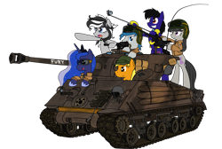 Size: 5625x3780 | Tagged: safe, artist:xphil1998, character:octavia melody, character:princess luna, oc, oc:lipstick mouth, oc:paladin colt, oc:sky shocker, oc:trigger hooves, species:alicorn, species:earth pony, species:pegasus, species:pony, armor, clothing, crossover, female, fury (movie), goggles, gun, helmet, jacket, m2 browning, m4 sherman, m4a3e8, machine gun, male, mare, royal guard, royal guard armor, selfie stick, simple background, stallion, tank (vehicle), transparent background, uniform, vector, weapon, world war ii