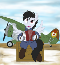 Size: 2350x2560 | Tagged: safe, artist:xphil1998, oc, oc only, oc:commissar junior, species:pegasus, species:pony, accordion, biplane, crate, fighter pilot, fighter plane, male, musical instrument, pilot, plane, polikarpov i-15, semi-anthro, sitting, solo, soviet union, spread wings, stallion, wings, world war ii