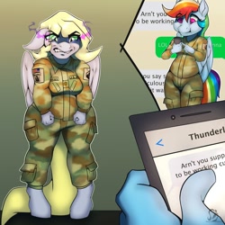 Size: 1280x1280 | Tagged: safe, artist:sintacle, character:derpy hooves, character:rainbow dash, species:anthro, species:pegasus, species:pony, species:unguligrade anthro, american flag, angry, army, cellphone, clothing, commission, digital art, duo, duo female, female, gritted teeth, implied thunderlane, mocking, phone, smartphone, sombra eyes, text, texting, this will end in death, this will end in pain, this will end in tears, this will end in tears and/or death, wings