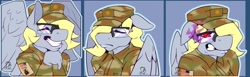Size: 1280x395 | Tagged: safe, artist:sintacle, character:derpy hooves, species:anthro, species:pegasus, species:pony, american flag, angry, army, clothing, commission, digital art, expressions, eyes closed, face doodle, female, glasses, gritted teeth, long face, smiling, sombra eyes, tail, wings