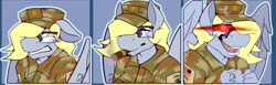 Size: 1280x393 | Tagged: safe, alternate version, artist:sintacle, character:derpy hooves, species:anthro, species:pegasus, species:pony, american flag, army, cigar, clothing, commission, digital art, expressions, eye beams, eyes closed, face doodle, female, glasses, gritted teeth, nani, open mouth, relaxing, shy, smiling, smoking, tail, wings