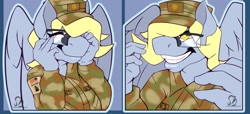 Size: 1280x584 | Tagged: safe, alternate version, artist:sintacle, character:derpy hooves, species:anthro, species:pegasus, species:pony, american flag, army, clothing, commission, cute, digital art, expressions, eyes closed, face doodle, female, glasses, gritted teeth, smiling, tail, wings