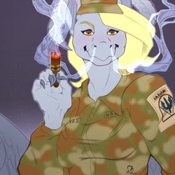Size: 1280x1280 | Tagged: safe, artist:sintacle, character:derpy hooves, species:anthro, species:pegasus, species:pony, army, blushing, cigar, clothing, commission, digital art, female, hat, hoers, holding, looking at you, smoke, smoking, solo, wings