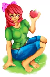 Size: 1280x1952 | Tagged: safe, artist:jennobasilicum, character:apple bloom, species:human, apple bloom's bow, barefoot, belt, bow, breasts, busty apple bloom, clothing, deviantart watermark, feet, female, hair bow, humanized, obtrusive watermark, older, older apple bloom, shirt, short, simple background, solo, t-shirt, watermark, white background