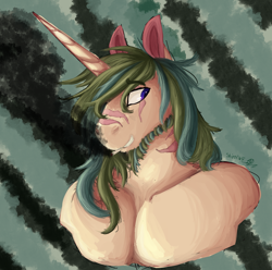 Size: 1796x1785 | Tagged: safe, artist:shirofluff, oc, oc:scorcher, species:anthro, species:pony, species:unicorn, fallout equestria, beard, canterlot ghoul, chest, clothing, digital art, facial hair, fallout, ghoul, male, original character do not steal, painting, partial nudity, scar, smoking, topless, undead